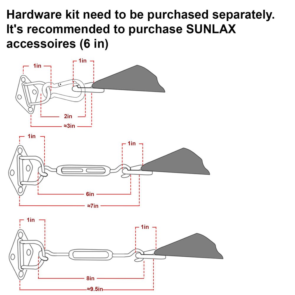 Installation view of SUNLAX shade sail with mounting hardware