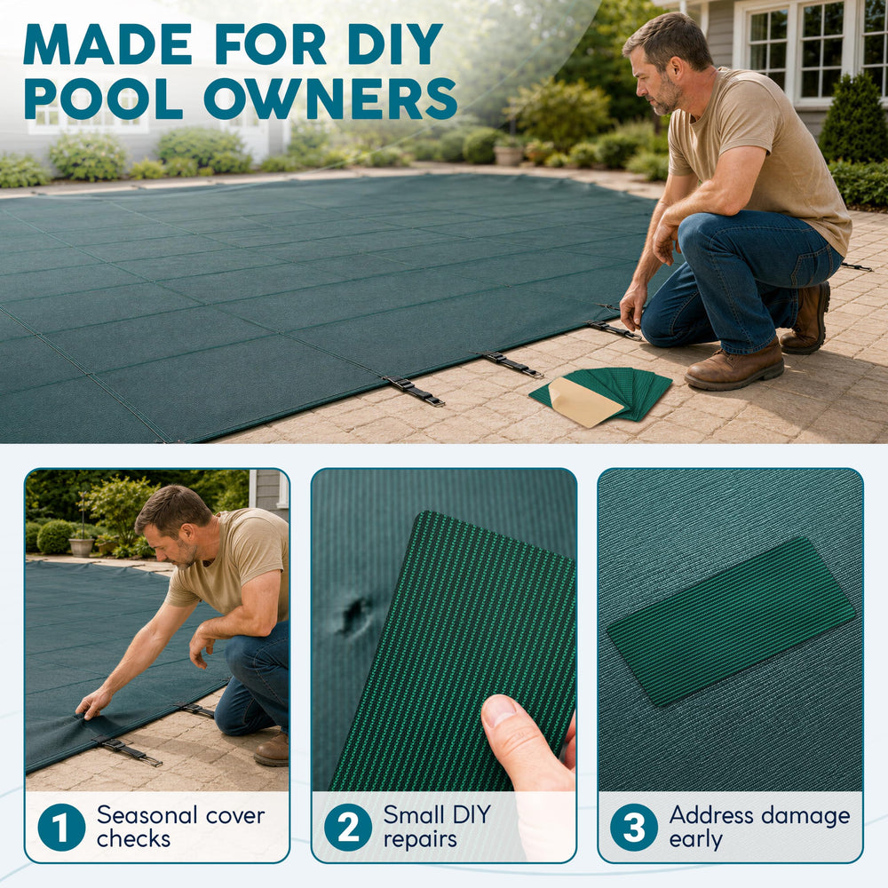 Instructional steps for applying ARDILA VEELA Pool Cover Patch