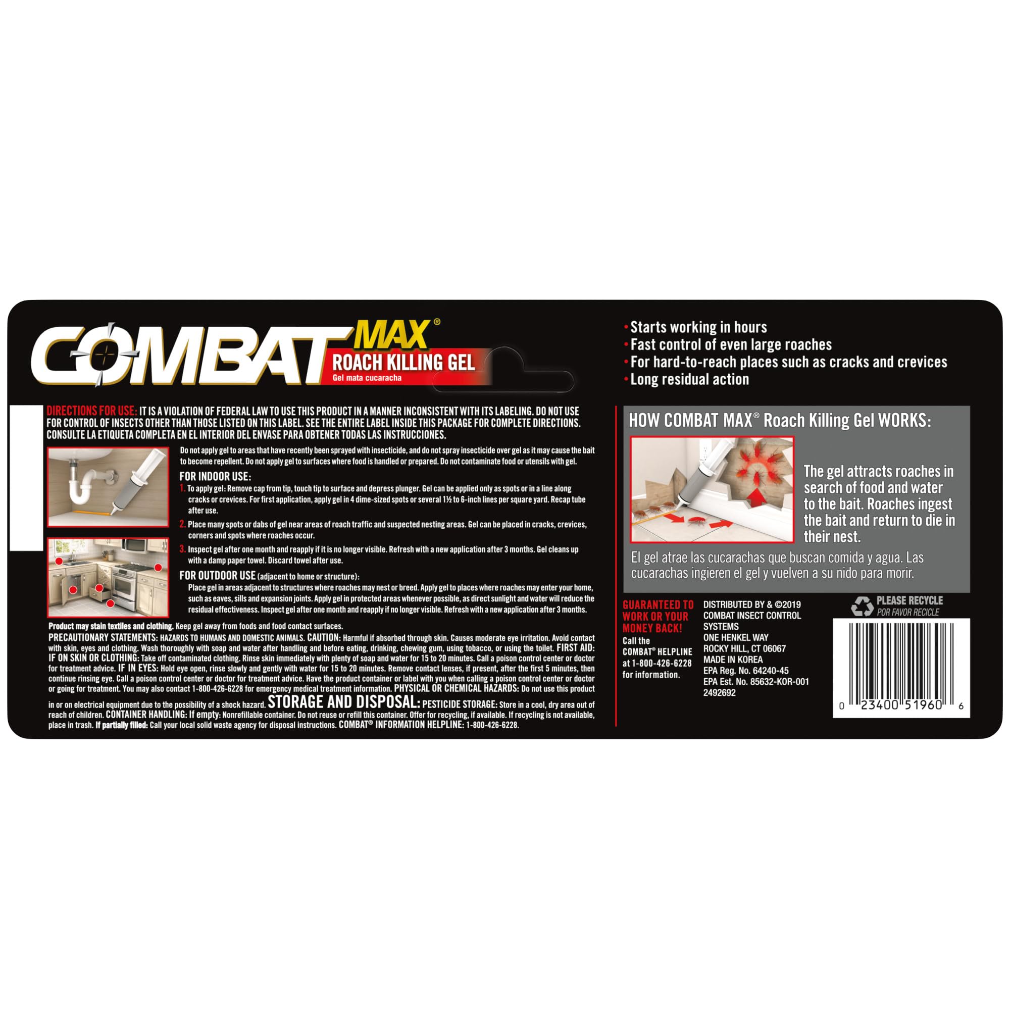 Instructions on the back of Combat Max Roach Killing Gel packaging
