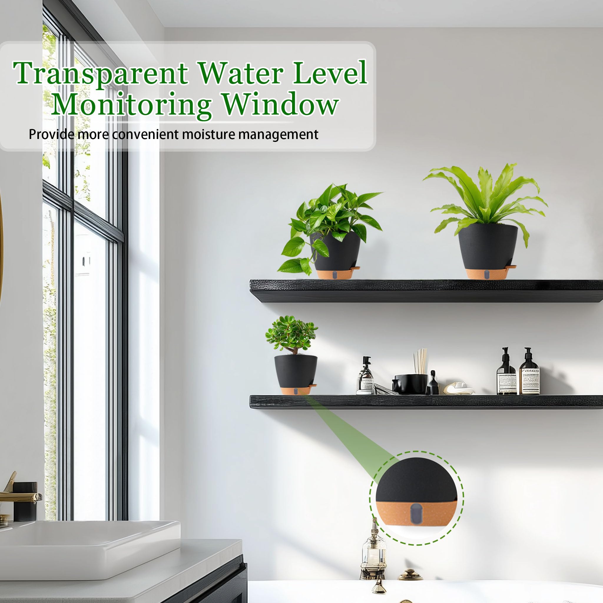 Interior view of Fielda planter with visible water level