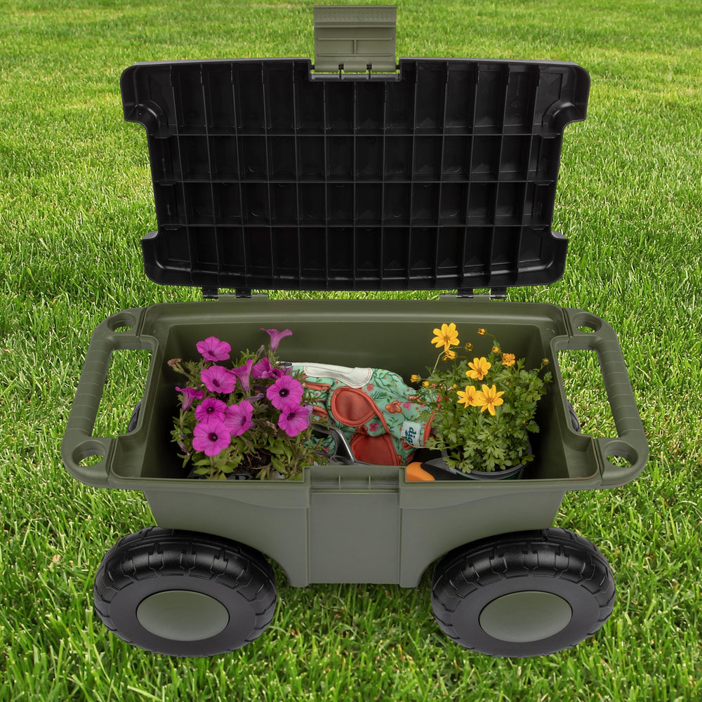 Interior view of storage area in Pure Garden Rolling Garden Cart