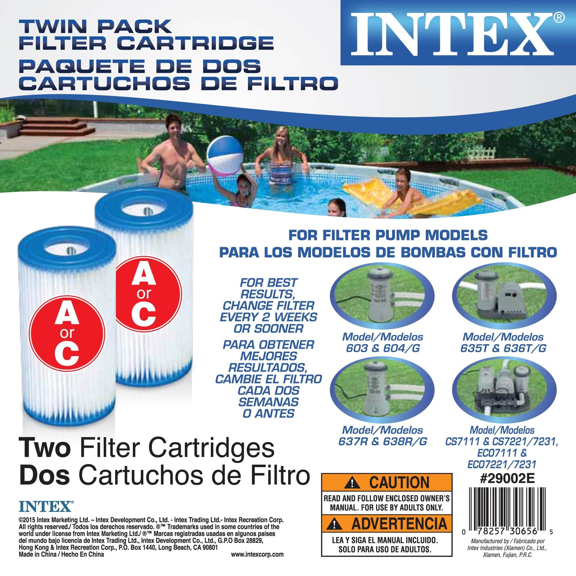 Intex filter cartridge dimensions displayed on the box