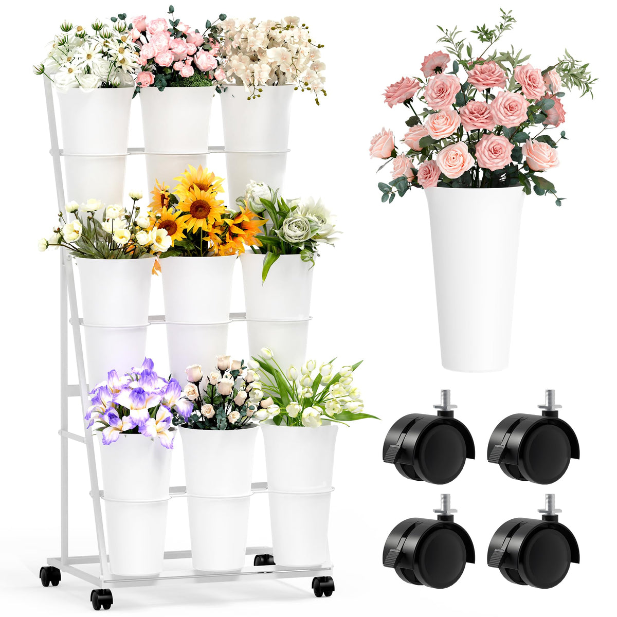Invech Flower Display Stand front view with 9 buckets