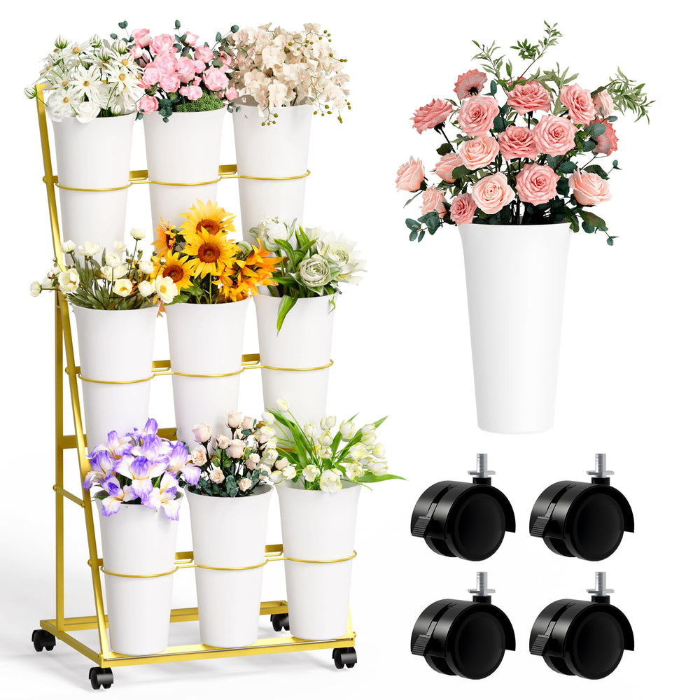 Invech Flower Display Stand gold metal front view with 9 buckets