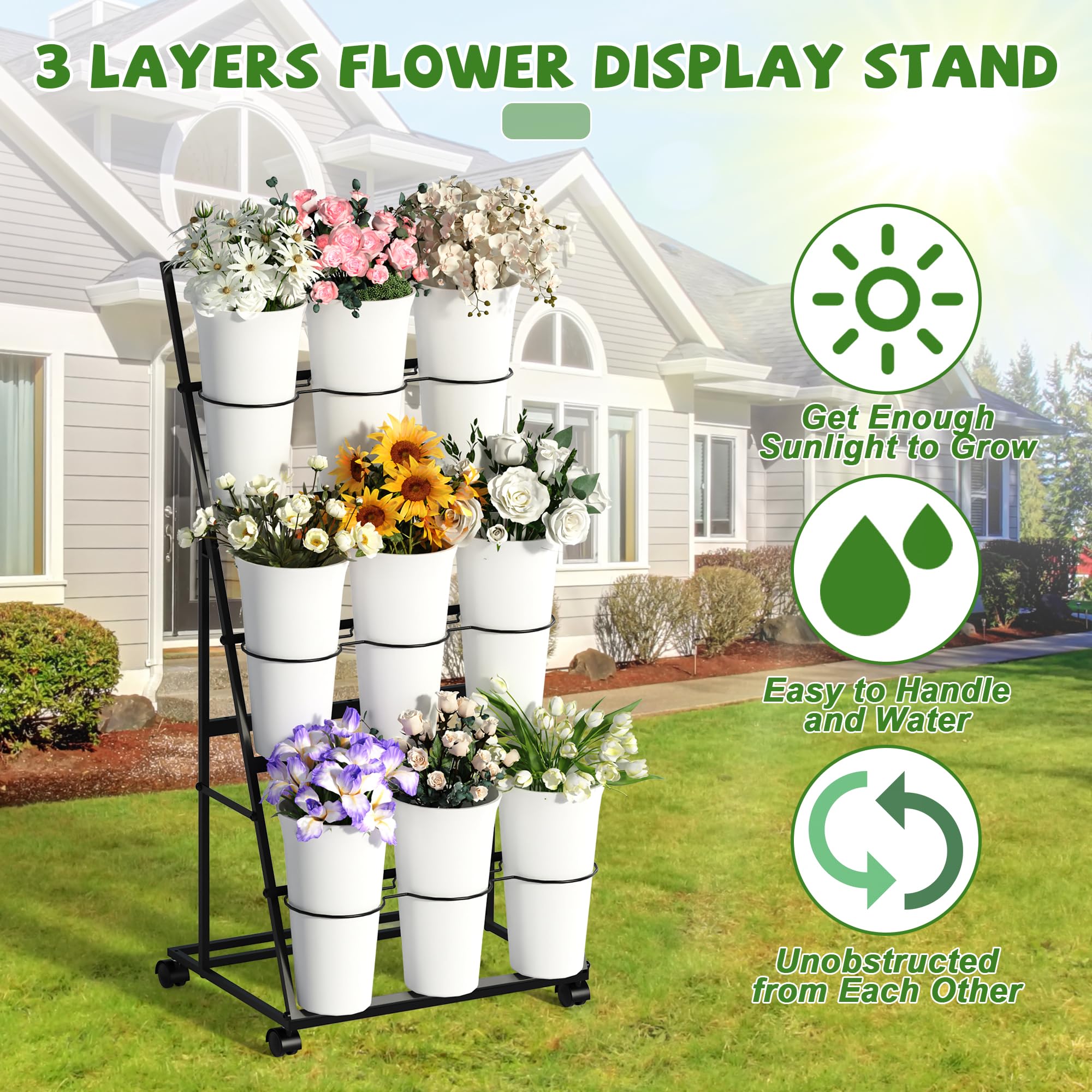 Invech Flower Display Stand side view showing 3 tiers and wheels