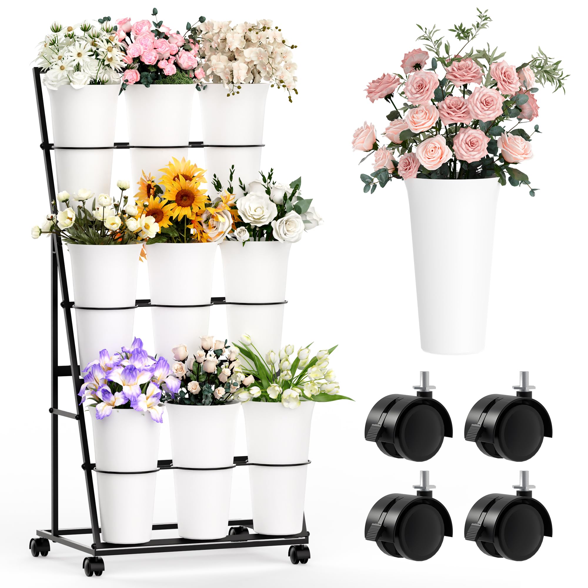 Invech Flower Display Stand with 9 buckets, black color, front view