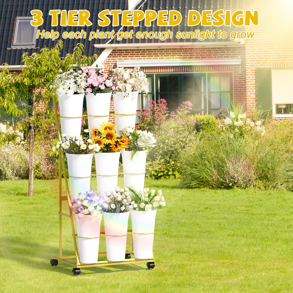 Invech Flower Display Stand with wheels shown in a garden setting