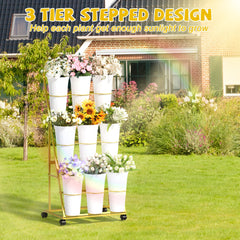 Invech Flower Display Stand with wheels shown in a garden setting