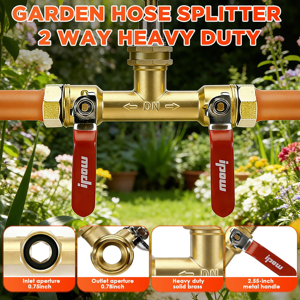 IPOW Garden Hose Splitter packaging with detailed specifications