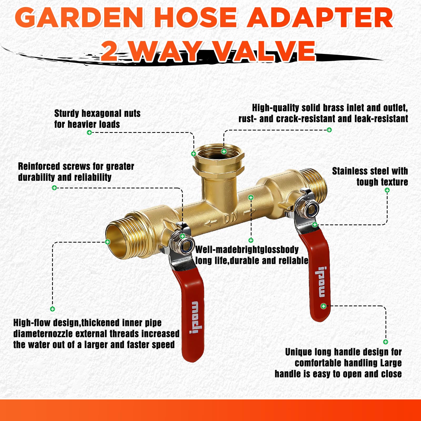 IPOW Garden Hose Splitter with shutoff valves and orange colour
