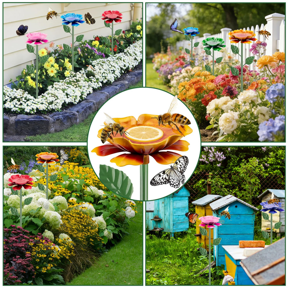 IRmm bee watering station surrounded by flowers in garden