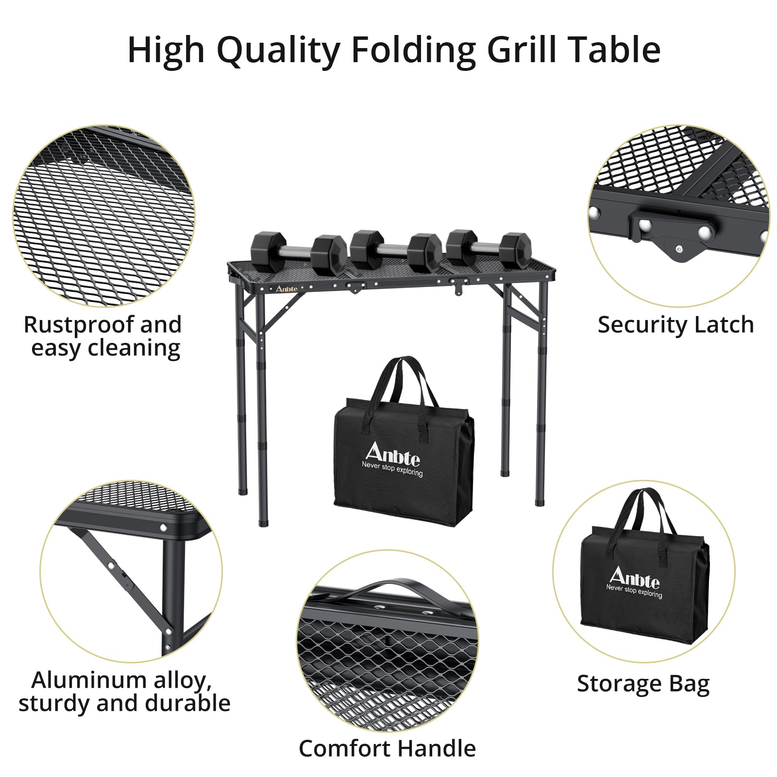Iron mesh tabletop of Anbte Folding Grill Table close up
