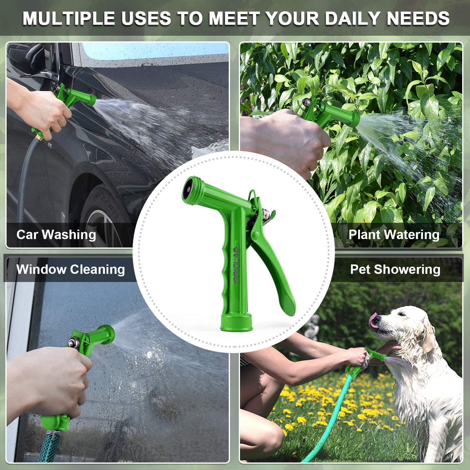 IRRIGLAD Hose Nozzle showing various spray patterns