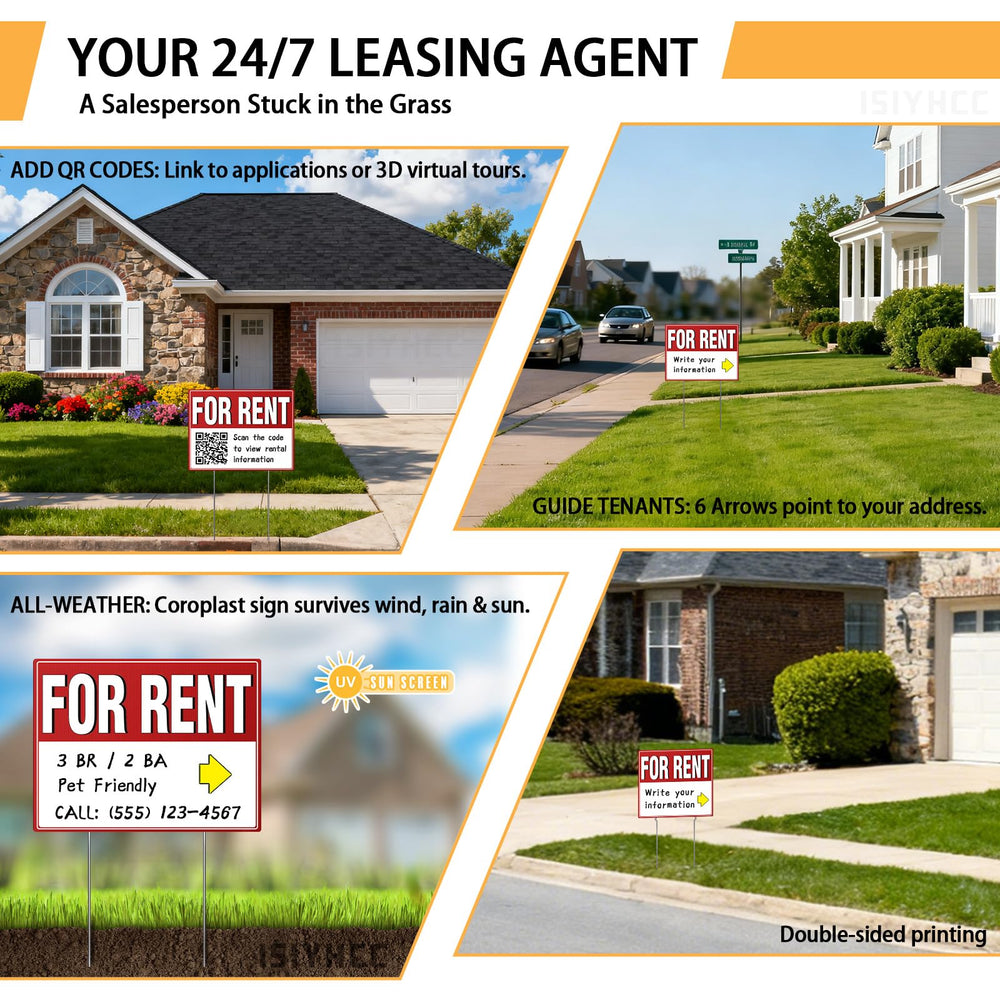 ISIYHCC for rent sign setup in yard with stakes