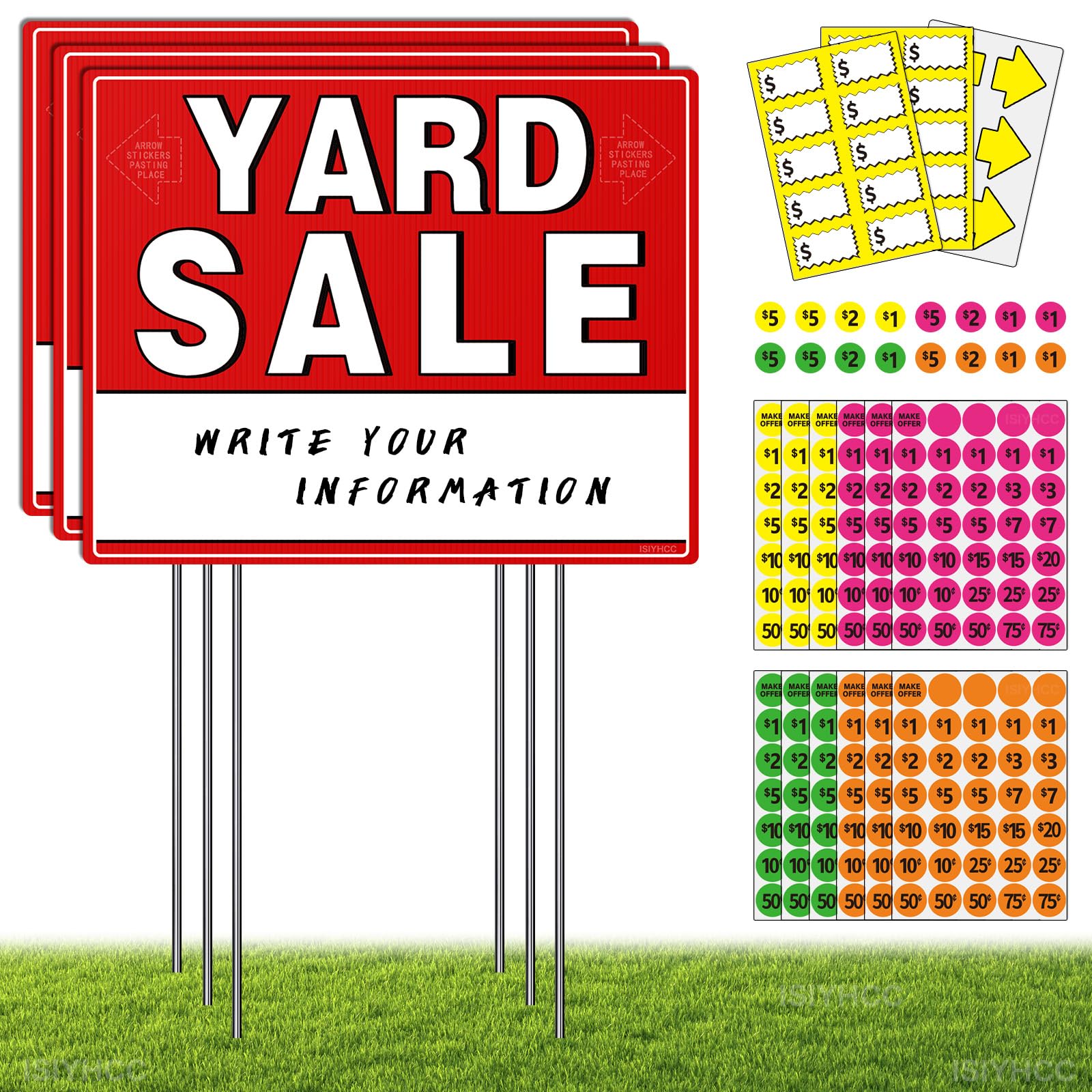 ISIYHCC yard sale signs kit with reusable signs and price stickers