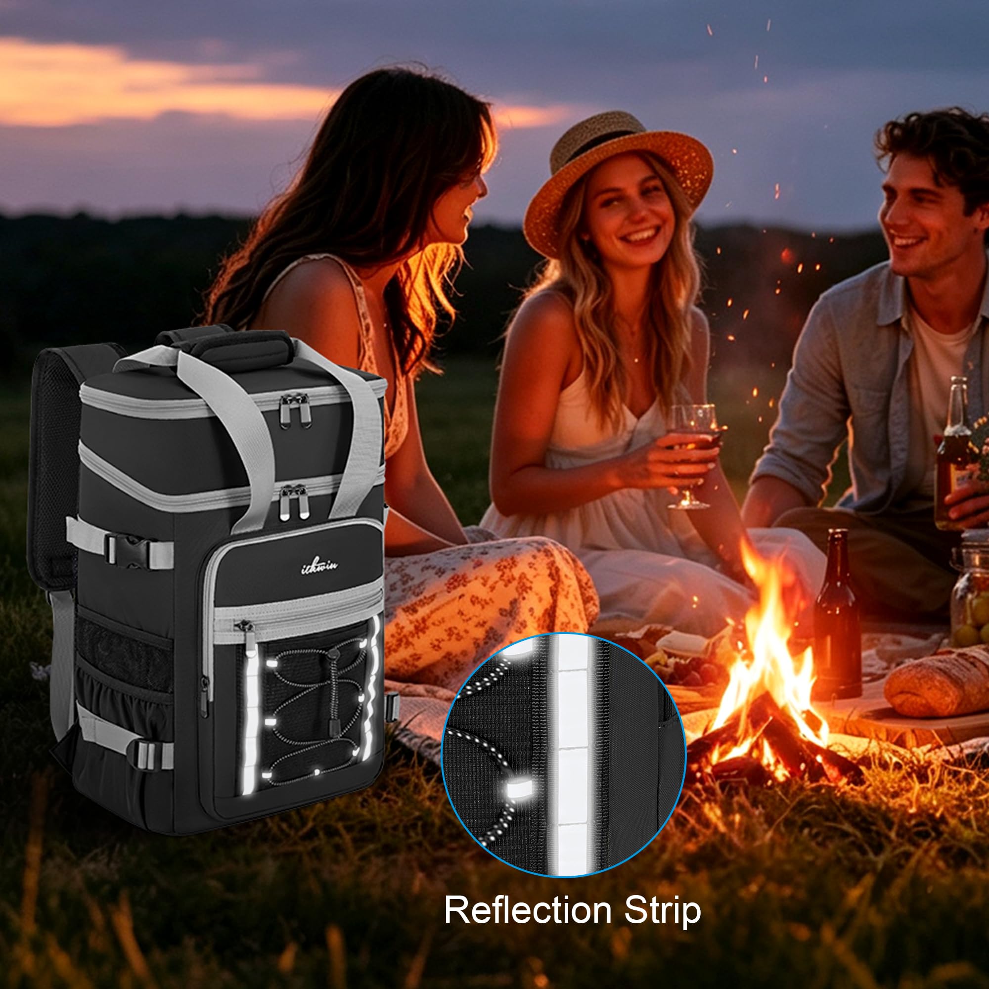 ITHWIU Cooler Backpack on picnic setup with food and drinks