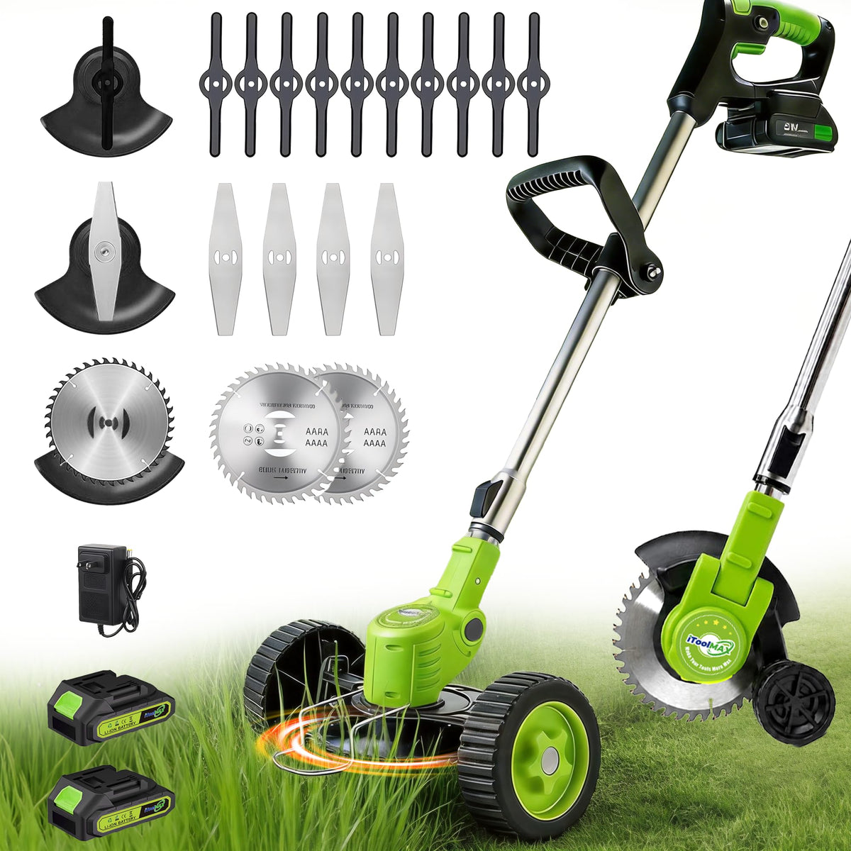 iToolMax cordless electric weed wacker front view with green finish