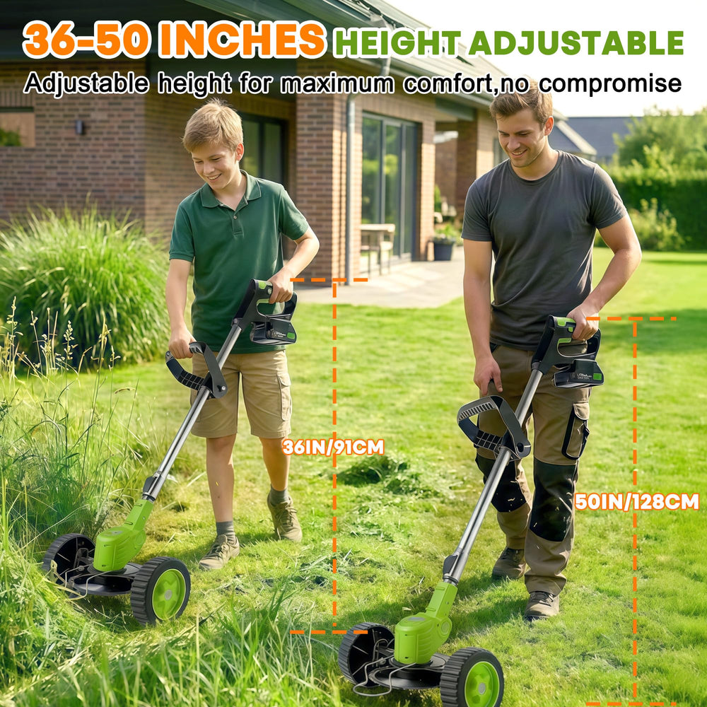 iToolMax weed wacker showing wheel attachment