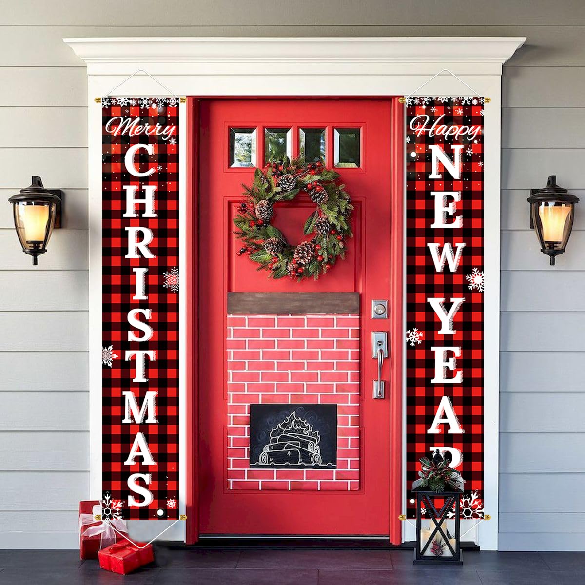 Ivenf Christmas banners in a yard setting