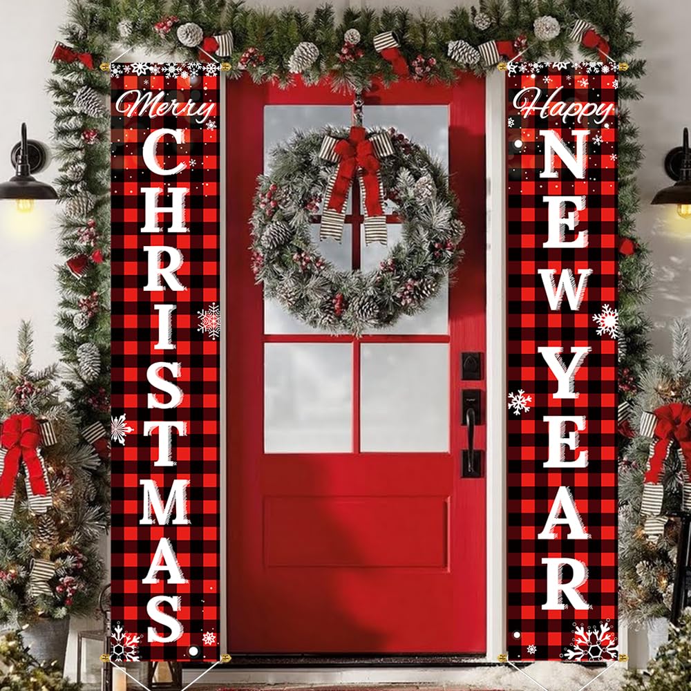 Ivenf Christmas decorations set with two large banners in red and black plaid