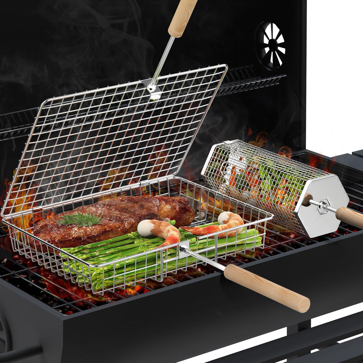Ivtivfu Grill Basket Set with rectangular and hexagon baskets