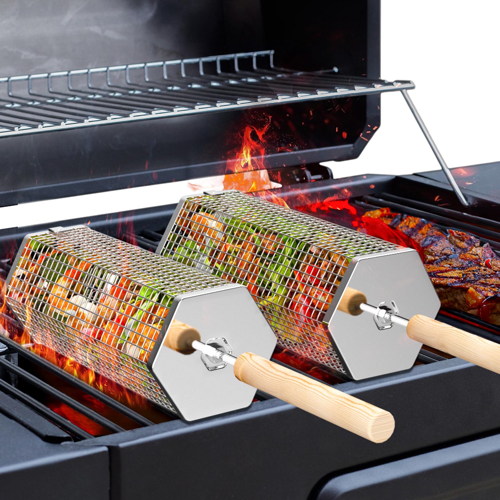 Ivtivfu Rolling Grill Basket front view with removable handle