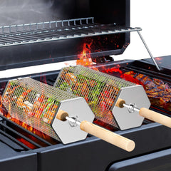 Ivtivfu Rolling Grill Basket front view with removable handle
