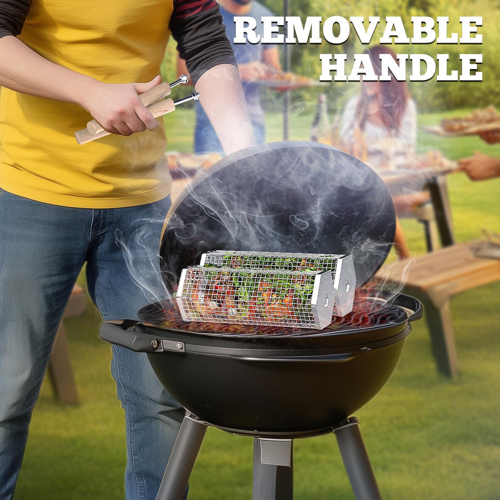 Ivtivfu Rolling Grill Basket in a camping setting
