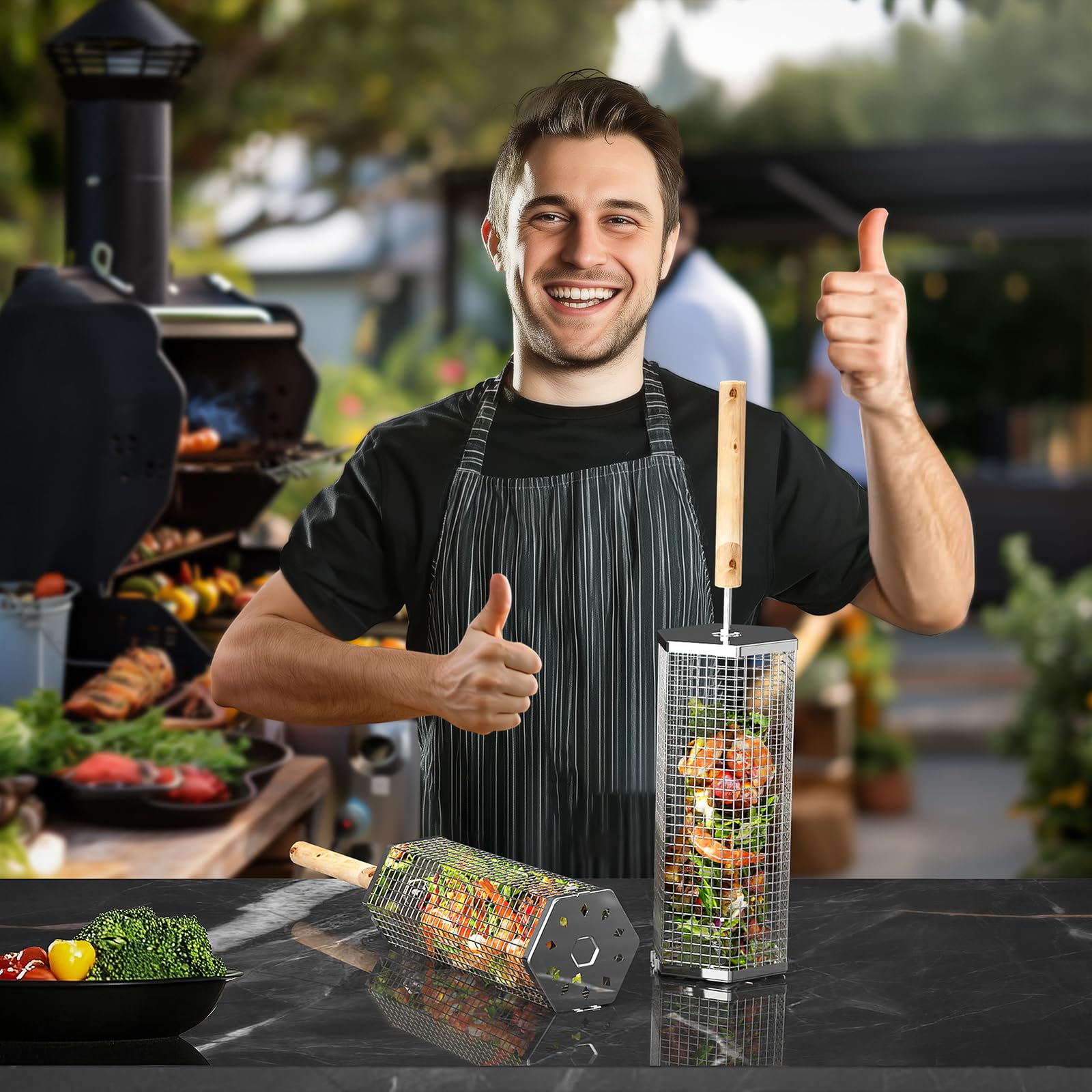 Ivtivfu Rolling Grill Basket with grilled vegetables
