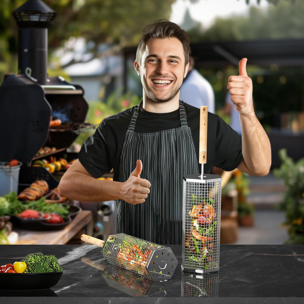 Ivtivfu Rolling Grill Basket with grilled vegetables
