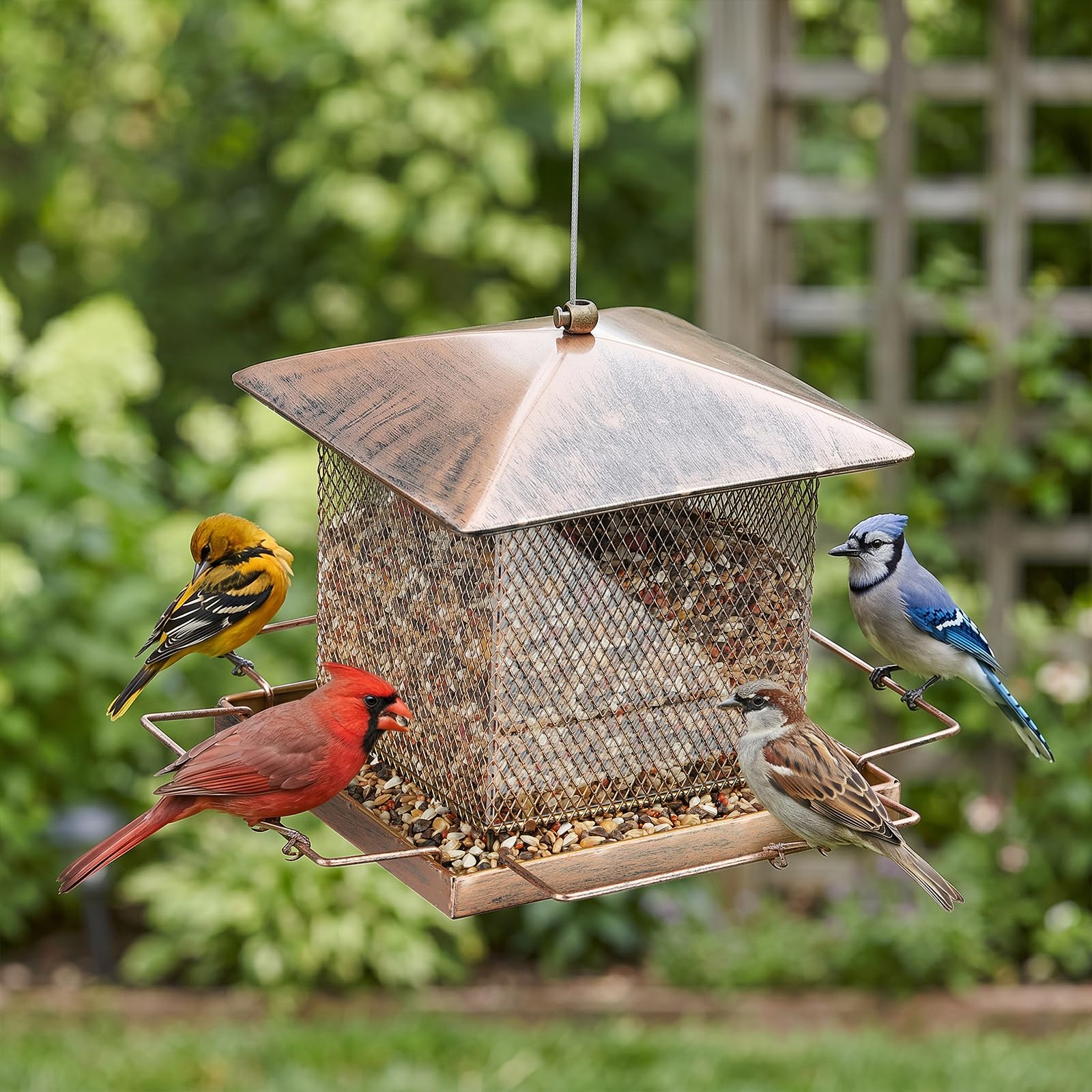 IWNTWY Bird Feeder hanging in a backyard