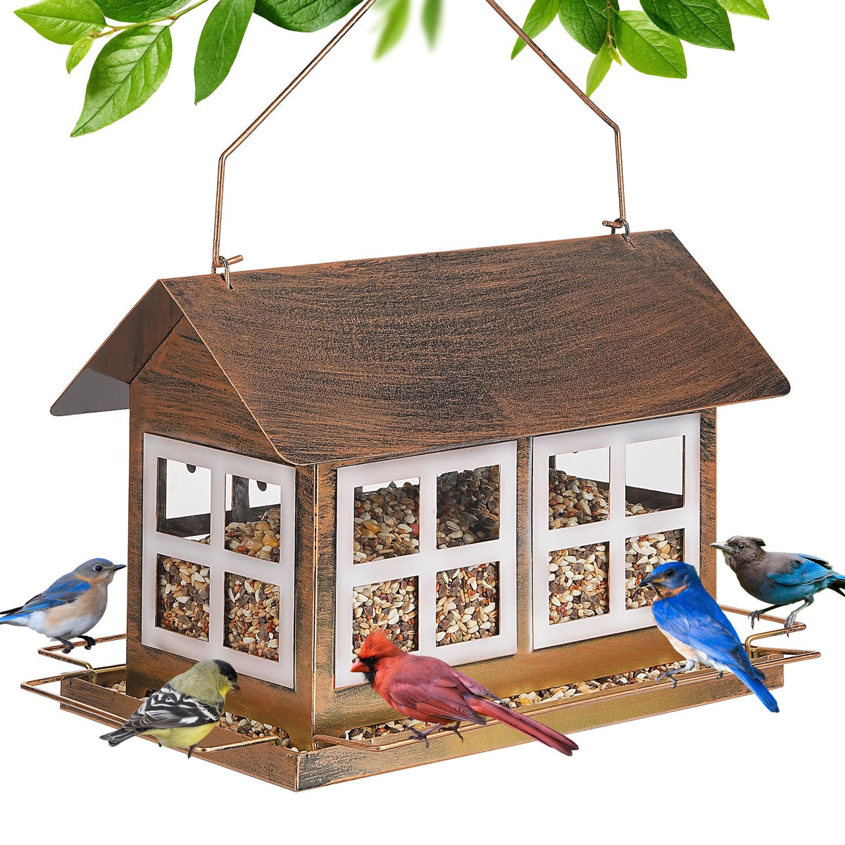IWNTWY Bird Feeder house shape front view with brown finish