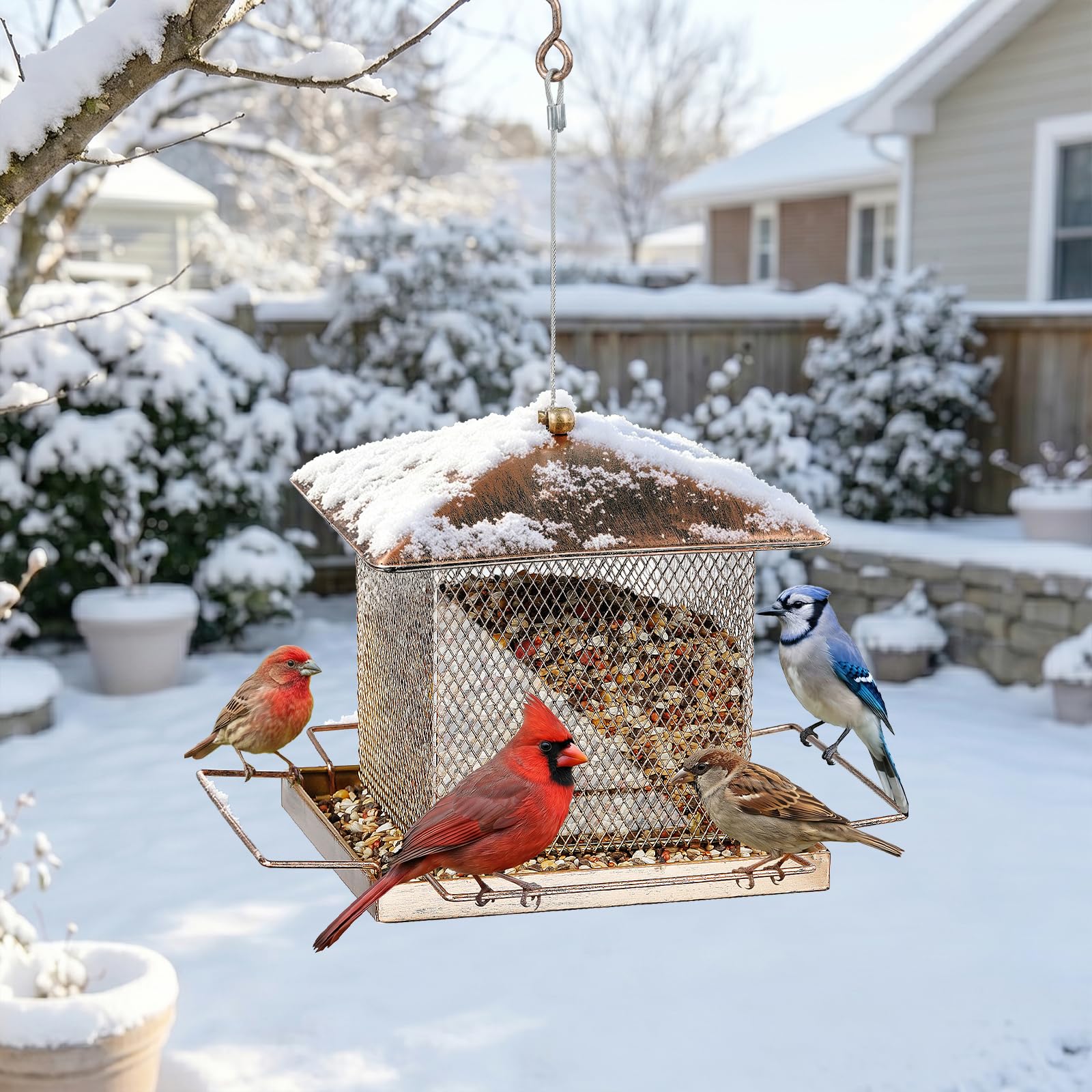 IWNTWY Bird Feeder with various seeds for backyard birds