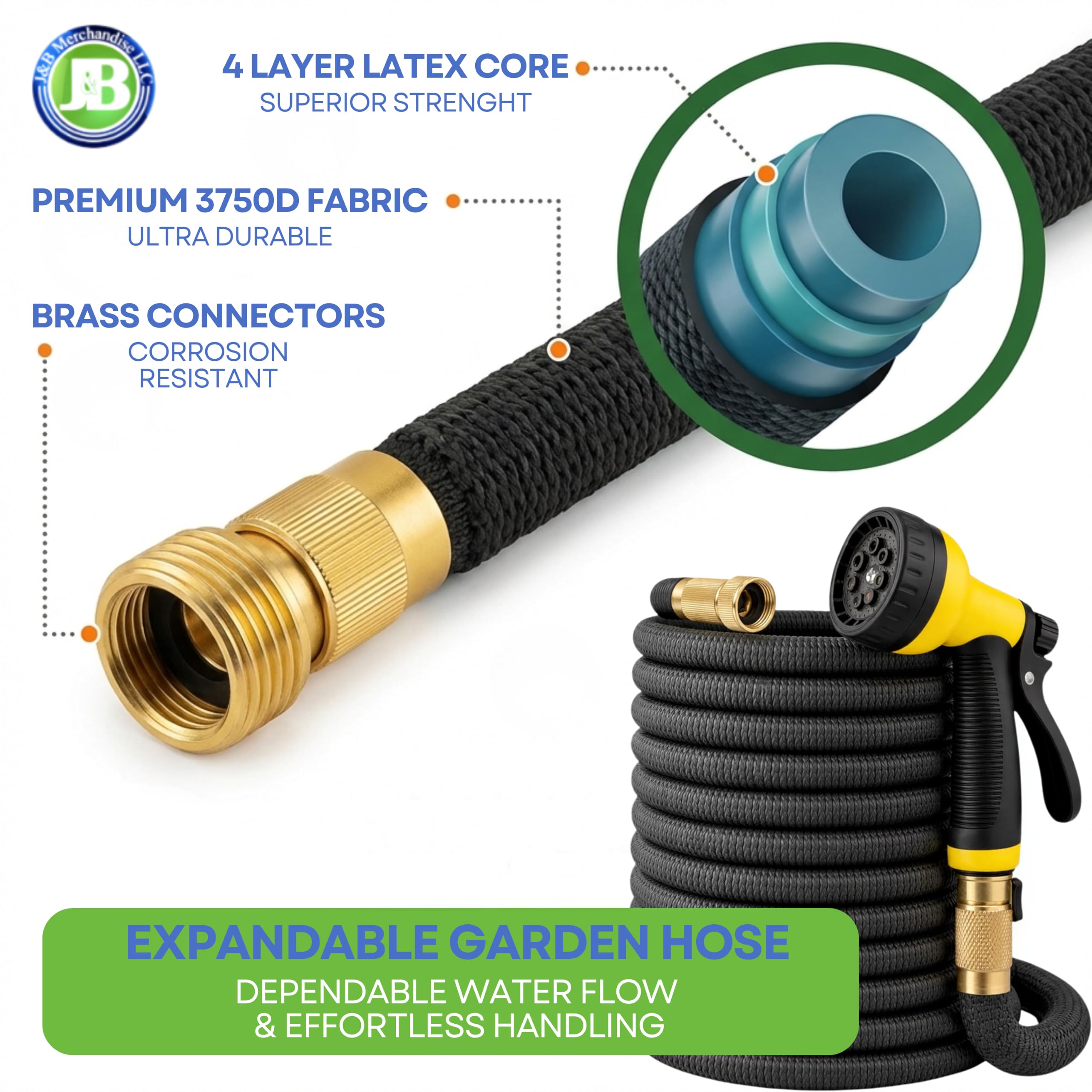 J&B XpandaHose with brass connectors and 10-pattern nozzle
