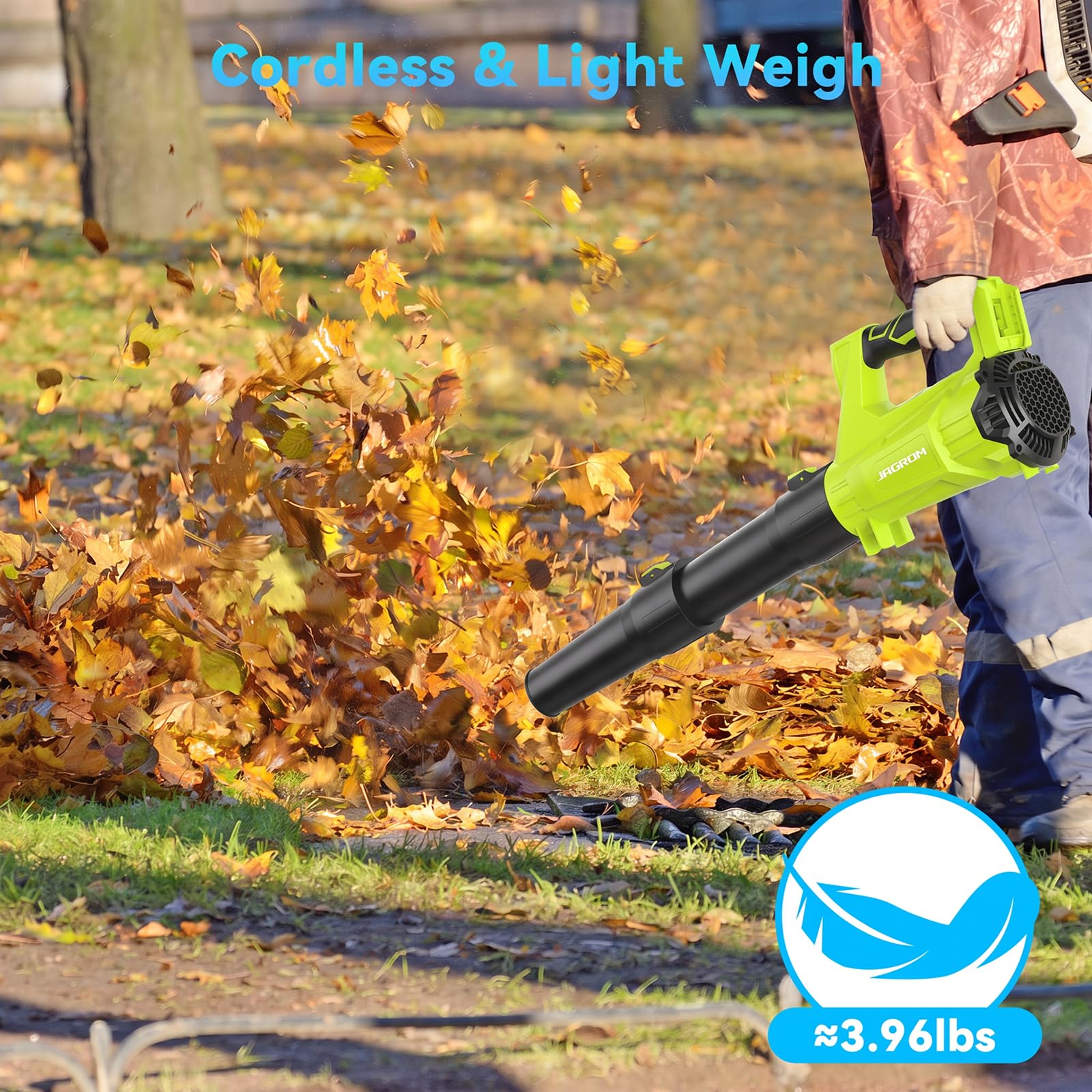 JAGROM leaf blower in use clearing leaves