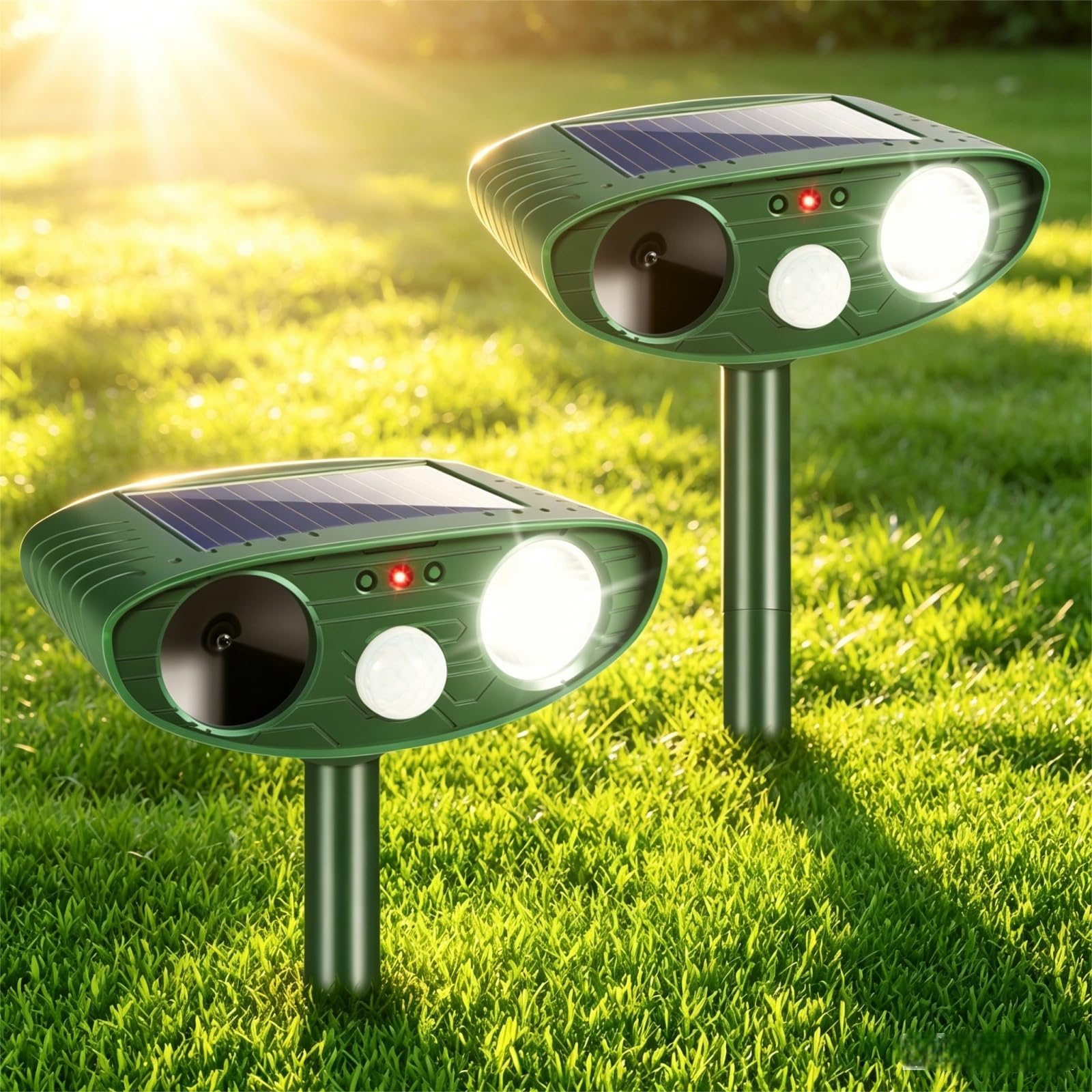 JahyElec 2 Pack Solar Ultrasonic Animal Repellent Devices front view