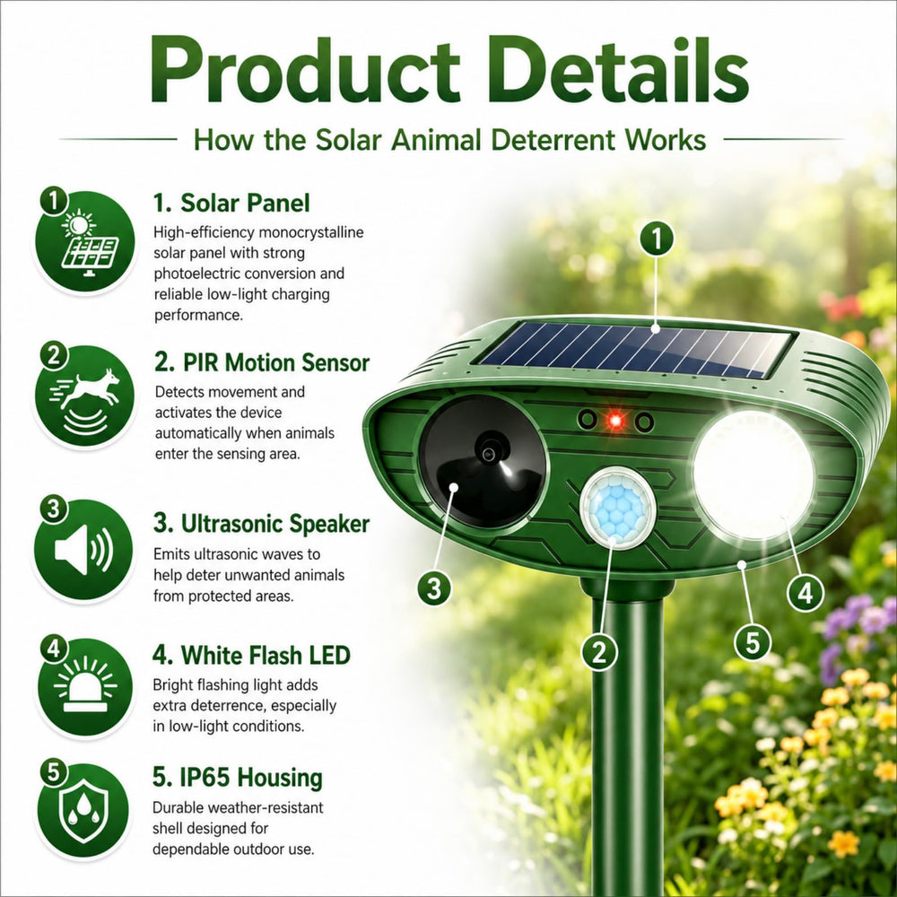 JahyElec solar-powered animal repellent features close-up