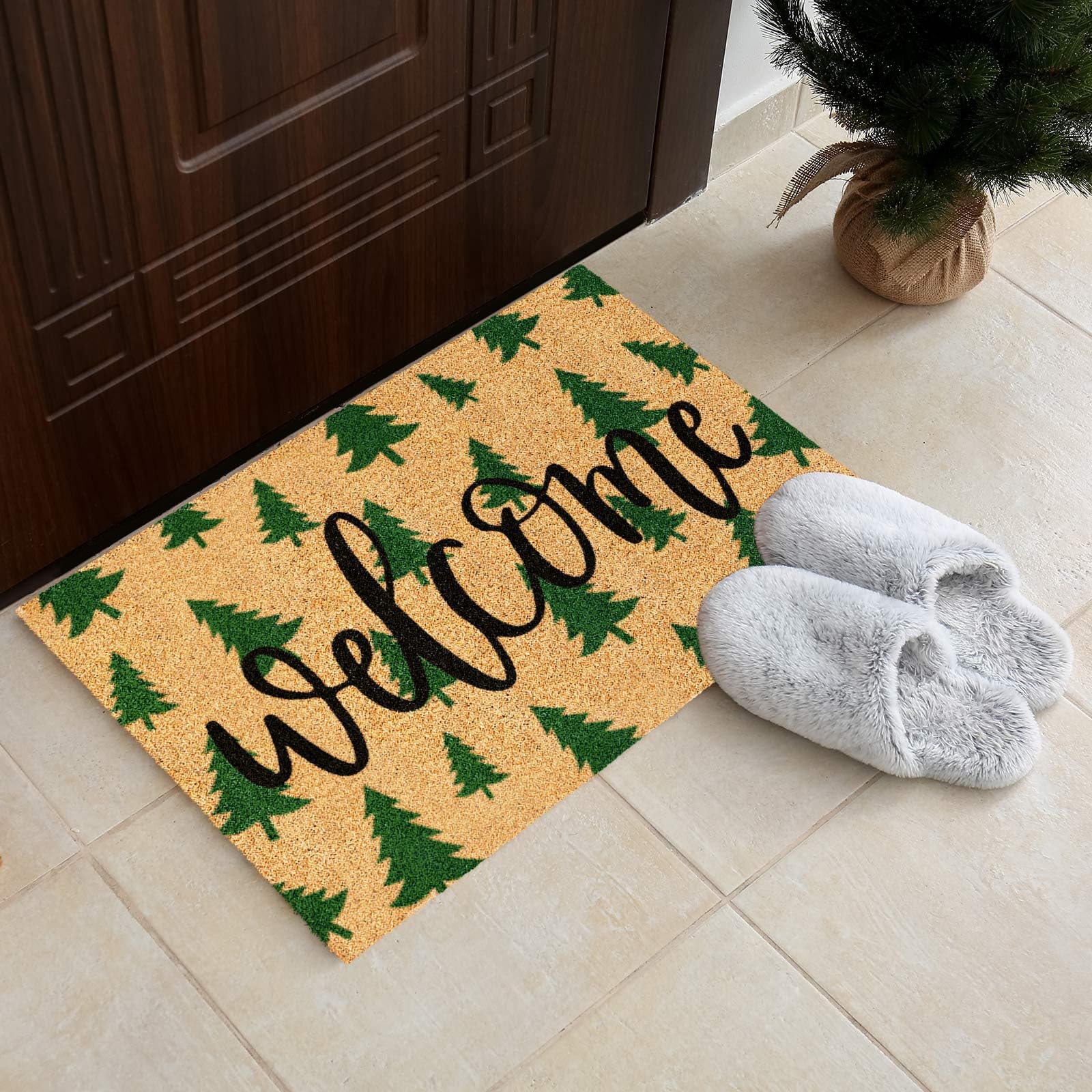 JarThenaAMCS Christmas Tree Door Mat showing natural brown background