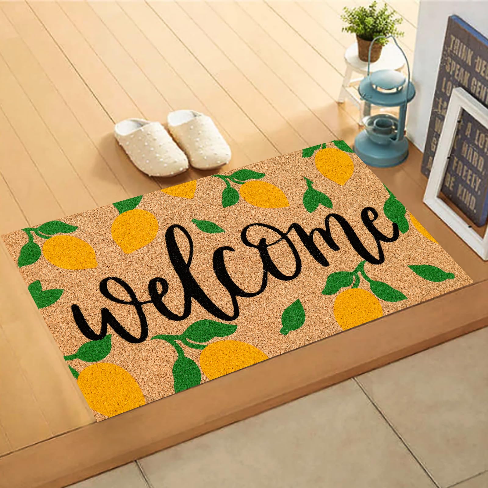 JarThenaAMCS Lemon Coir Door Mat displaying the 'Welcome' text