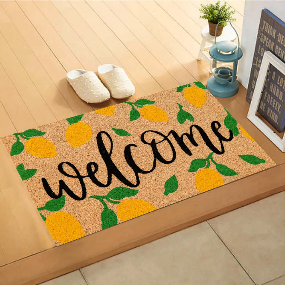 JarThenaAMCS Lemon Coir Door Mat displaying the 'Welcome' text