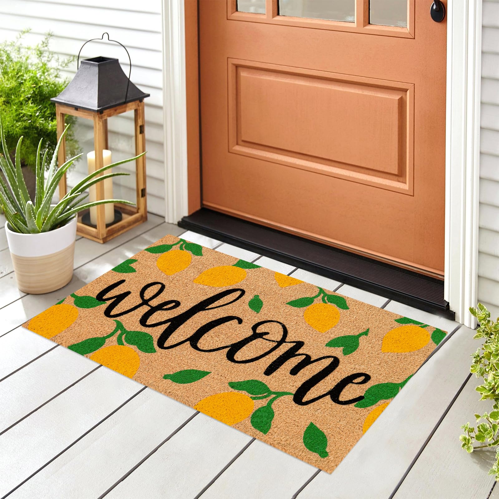 JarThenaAMCS Lemon Coir Door Mat in outdoor setting