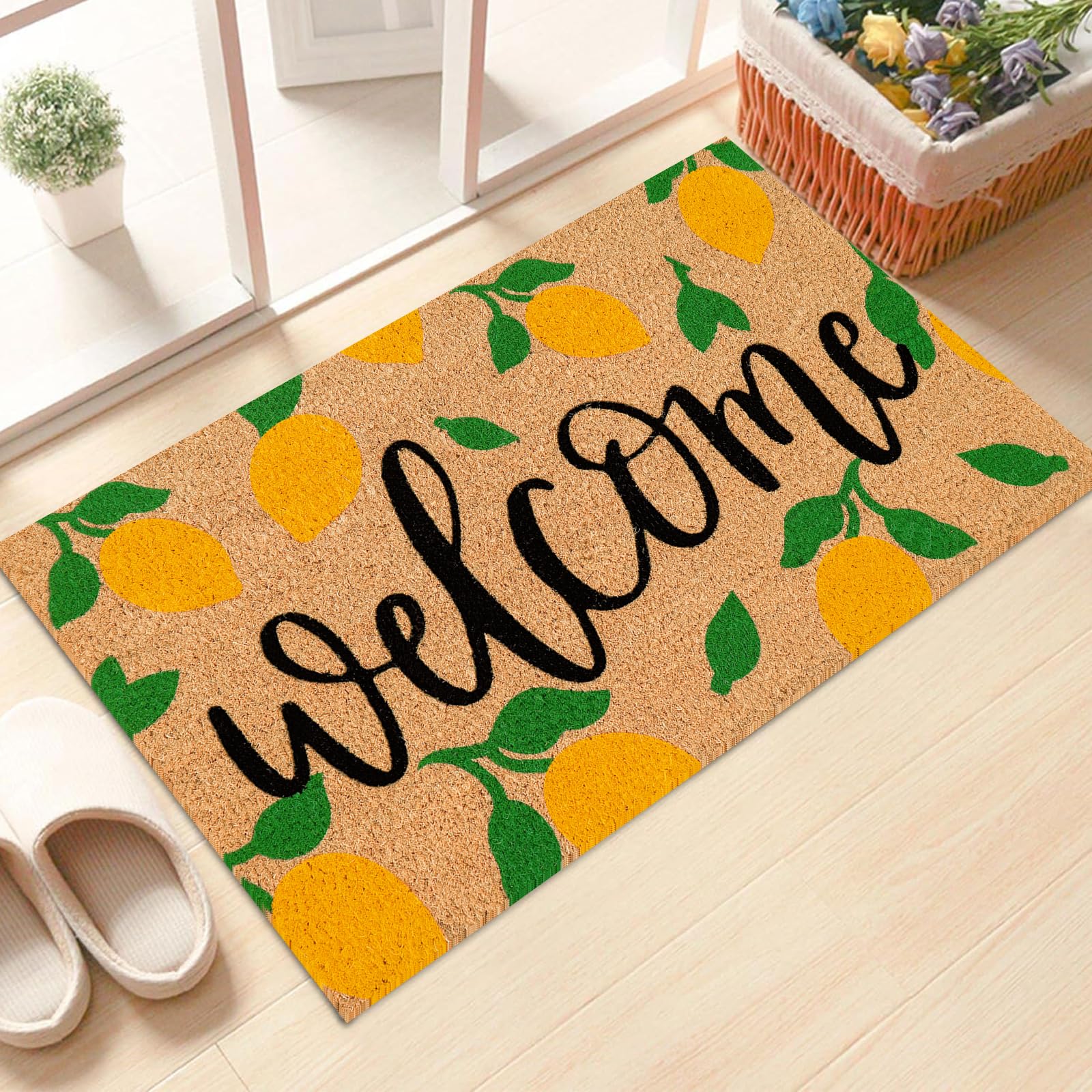 JarThenaAMCS Lemon Coir Door Mat rolled up for packaging