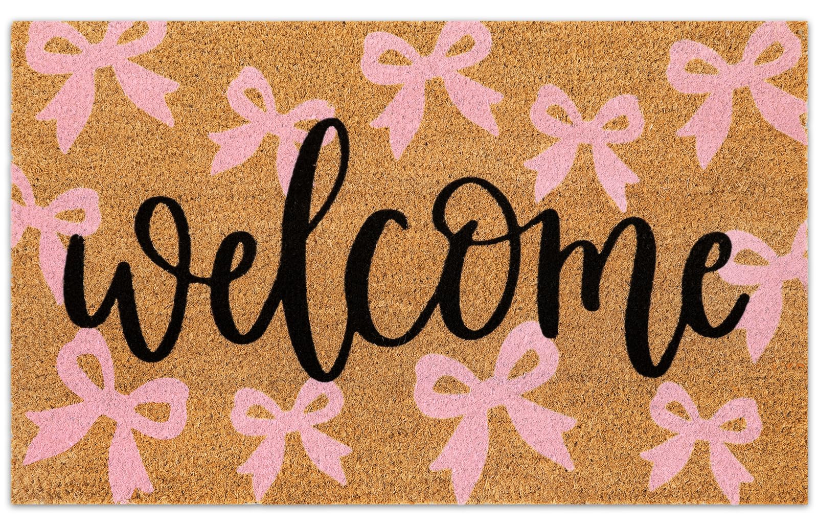 JarThenaAMCS Pink Bow Coir Door Mat front view with welcome text