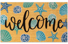 JarThenaAMCS Seashell Coir Door Mat front view with aqua blue design