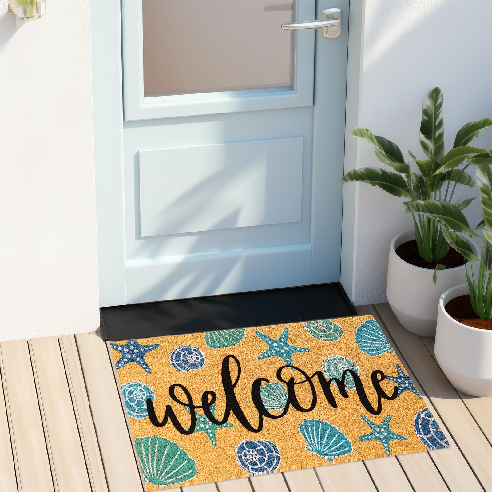 JarThenaAMCS Seashell Coir Door Mat rolled packaging
