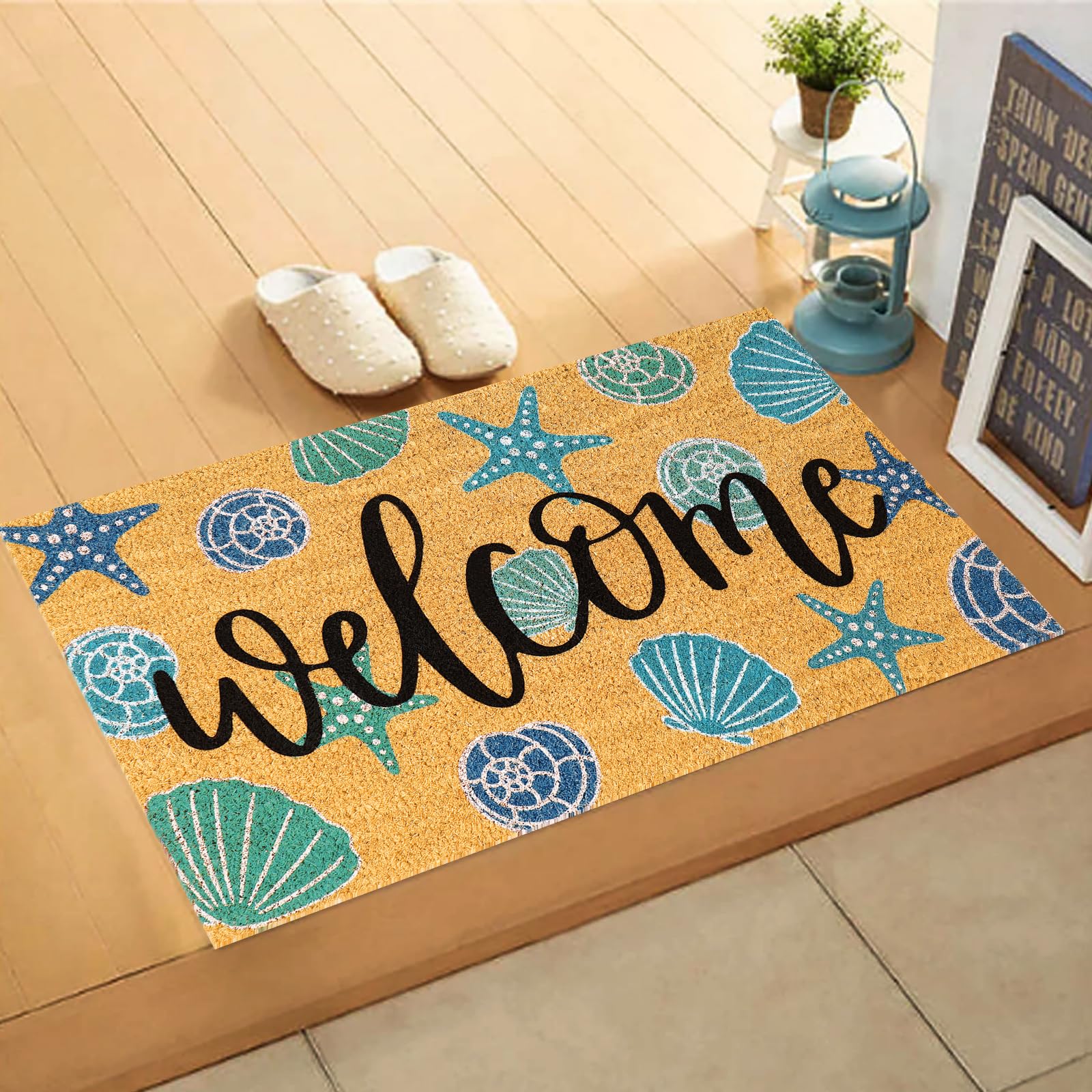 JarThenaAMCS Seashell Coir Door Mat showing welcome message