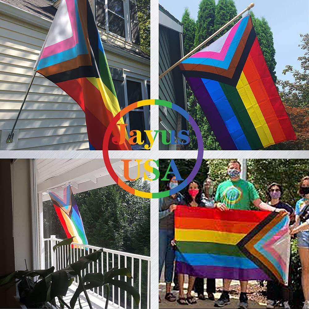 Jayus 3x5 Progress Pride Flag displayed outdoors