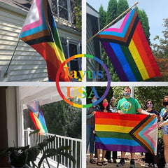 Jayus 3x5 Progress Pride Flag displayed outdoors