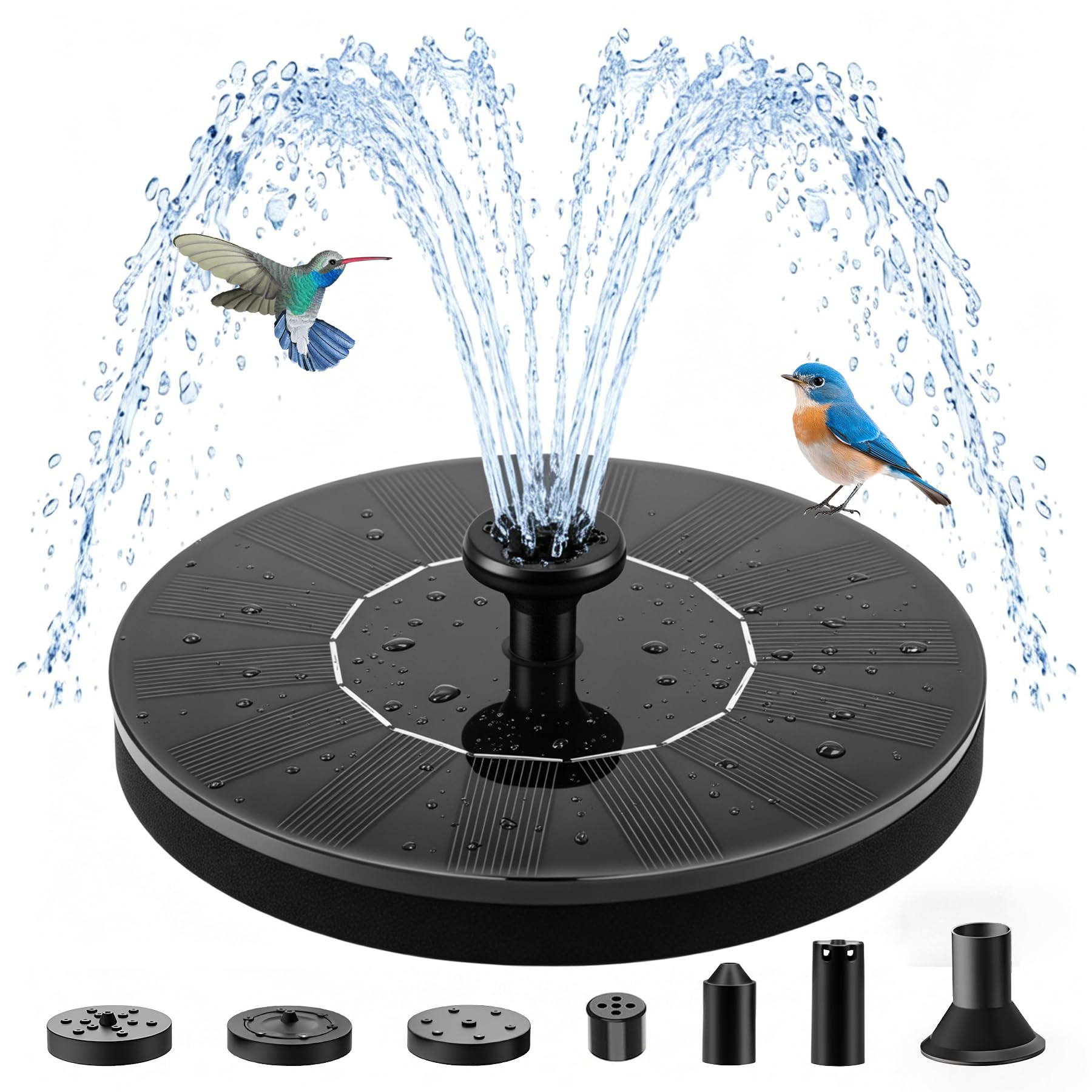 Jbobbju Floating Solar Fountain Pump front view with spray nozzle