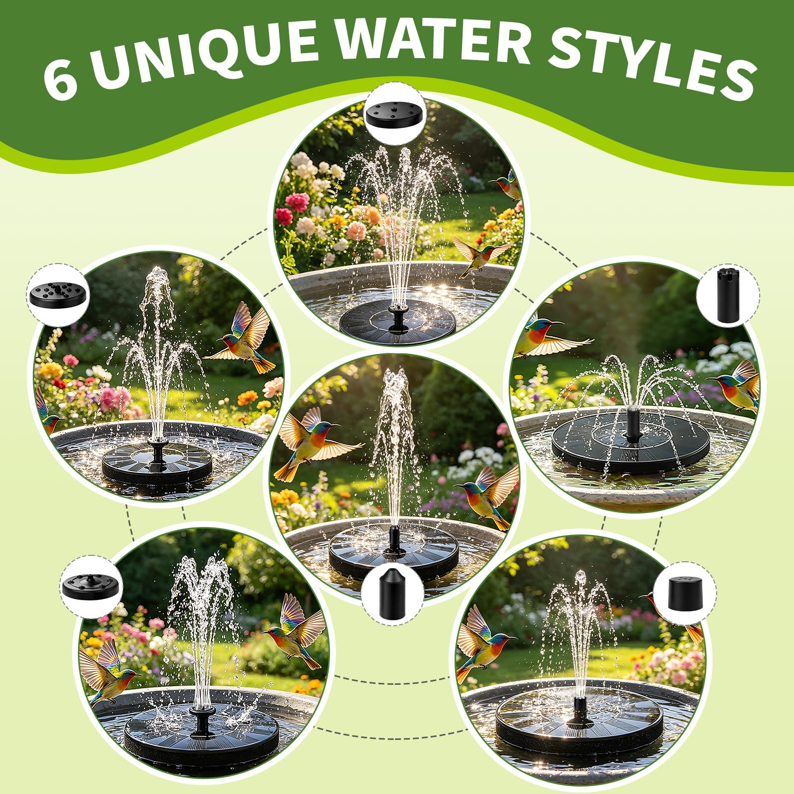 Jbobbju Solar Fountain in a bird bath, showcasing water spray